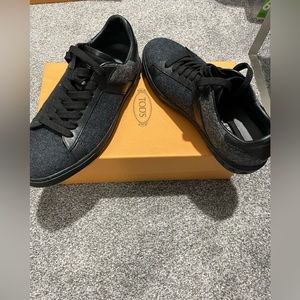 Tods navy and grey wool sneaker.
